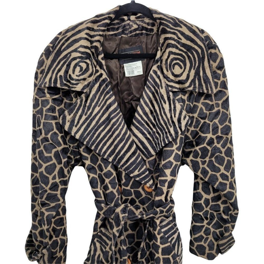 Vtg 90s Mob Wife Funky Animal Print Trench Coat 14 Faux Fur Belted Mod Edgy City